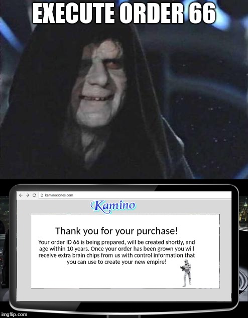 Execute order 66 |  EXECUTE ORDER 66 | image tagged in star wars order 66,emperor palpatine,bad luck brian,anti joke chicken,kim jung un,fortnite | made w/ Imgflip meme maker