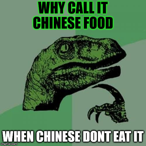 Chinese Food | WHY CALL IT CHINESE FOOD; WHEN CHINESE DONT EAT IT | image tagged in memes,philosoraptor | made w/ Imgflip meme maker