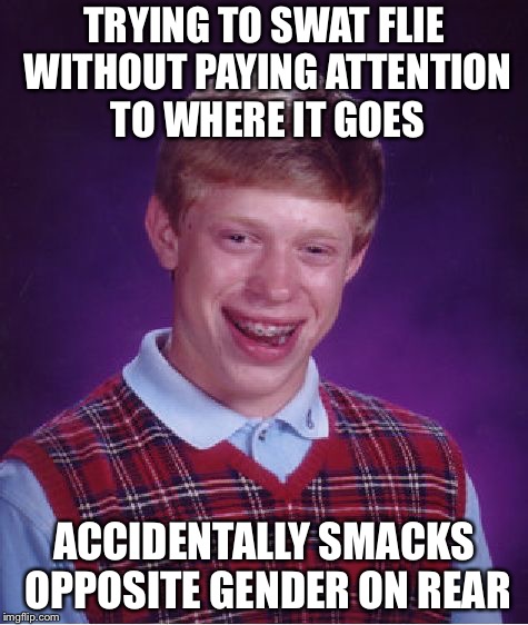 Bad Luck Brian | TRYING TO SWAT FLIE WITHOUT PAYING ATTENTION TO WHERE IT GOES; ACCIDENTALLY SMACKS OPPOSITE GENDER ON REAR | image tagged in memes,bad luck brian | made w/ Imgflip meme maker