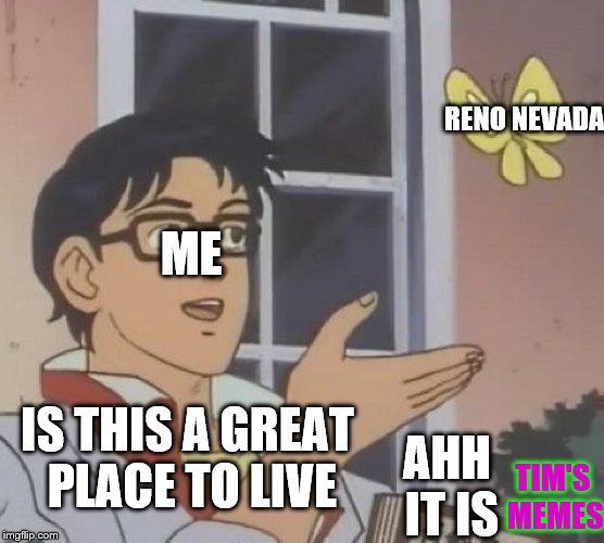 Is This A Pigeon Meme | RENO NEVADA; ME; IS THIS A GREAT PLACE TO LIVE; AHH IT IS; TIM'S MEMES | image tagged in memes,is this a pigeon | made w/ Imgflip meme maker
