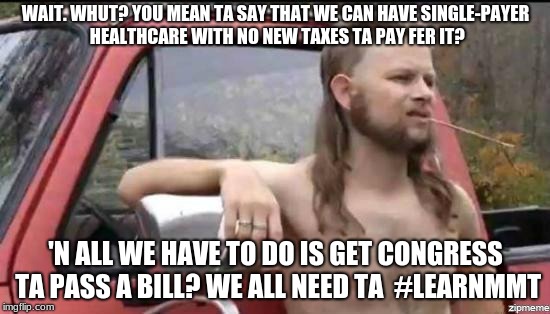 almost politically correct redneck | WAIT. WHUT? YOU MEAN TA SAY THAT WE CAN HAVE SINGLE-PAYER HEALTHCARE WITH NO NEW TAXES TA PAY FER IT? 'N ALL WE HAVE TO DO IS GET CONGRESS TA PASS A BILL? WE ALL NEED TA  #LEARNMMT | image tagged in almost politically correct redneck | made w/ Imgflip meme maker