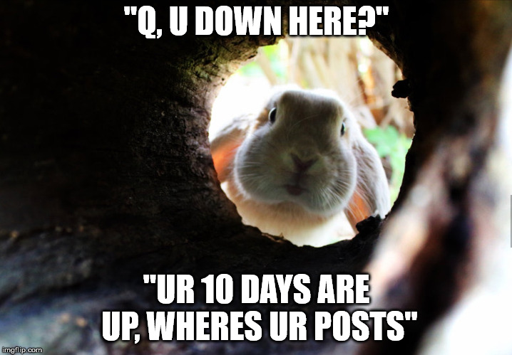 "Q, U DOWN HERE?"; "UR 10 DAYS ARE UP, WHERES UR POSTS" | made w/ Imgflip meme maker