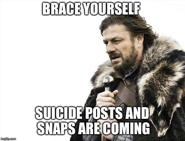 Brace Yourselves X is Coming | BRACE YOURSELF; SUICIDE POSTS AND SNAPS ARE COMING | image tagged in memes,brace yourselves x is coming | made w/ Imgflip meme maker