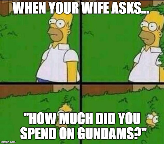 Homer Simpson in Bush - Large | WHEN YOUR WIFE ASKS... "HOW MUCH DID YOU SPEND ON GUNDAMS?" | image tagged in homer simpson in bush - large | made w/ Imgflip meme maker