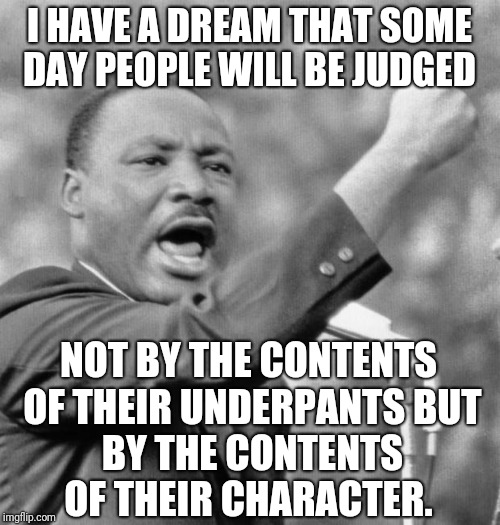 I have a dream | I HAVE A DREAM THAT SOME DAY PEOPLE WILL BE JUDGED; NOT BY THE CONTENTS OF THEIR UNDERPANTS
BUT BY THE CONTENTS OF THEIR CHARACTER. | image tagged in i have a dream | made w/ Imgflip meme maker