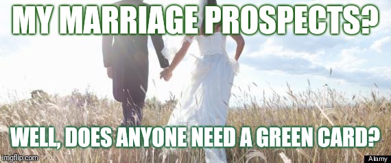 Marriage | MY MARRIAGE PROSPECTS? WELL, DOES ANYONE NEED A GREEN CARD? | image tagged in marriage | made w/ Imgflip meme maker