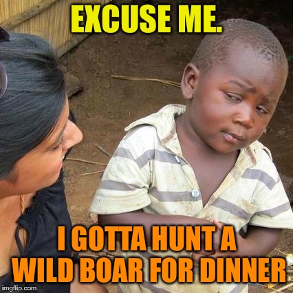 Third World Skeptical Kid Meme | EXCUSE ME. I GOTTA HUNT A WILD BOAR FOR DINNER | image tagged in memes,third world skeptical kid | made w/ Imgflip meme maker