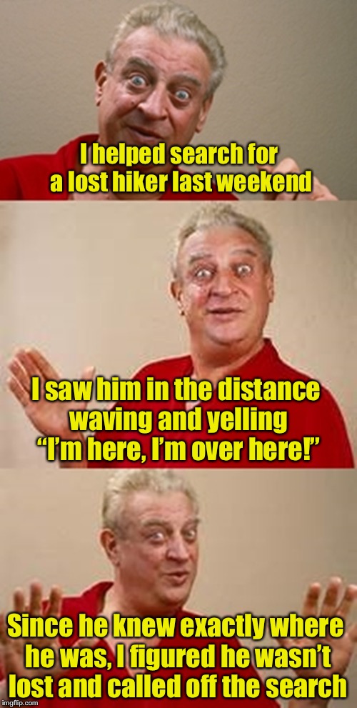 And that was the last anyone heard of him | I helped search for a lost hiker last weekend; I saw him in the distance waving and yelling “I’m here, I’m over here!”; Since he knew exactly where he was, I figured he wasn’t lost and called off the search | image tagged in bad pun dangerfield,memes,bad pun | made w/ Imgflip meme maker