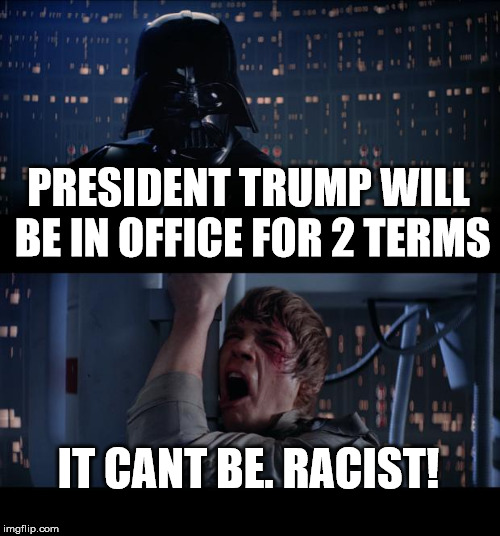 Trump Father Nooo | PRESIDENT TRUMP WILL BE IN OFFICE FOR 2 TERMS; IT CANT BE. RACIST! | image tagged in memes,star wars no | made w/ Imgflip meme maker