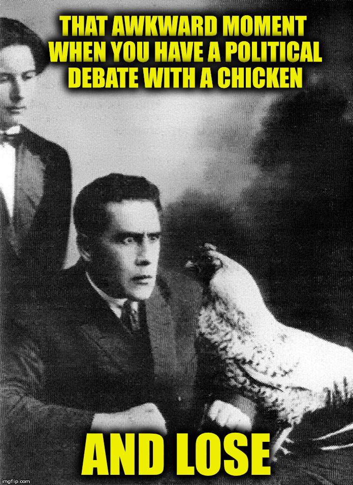 You know you've seen this here | THAT AWKWARD MOMENT WHEN YOU HAVE A POLITICAL DEBATE WITH A CHICKEN; AND LOSE | image tagged in politics,debate,chicken | made w/ Imgflip meme maker