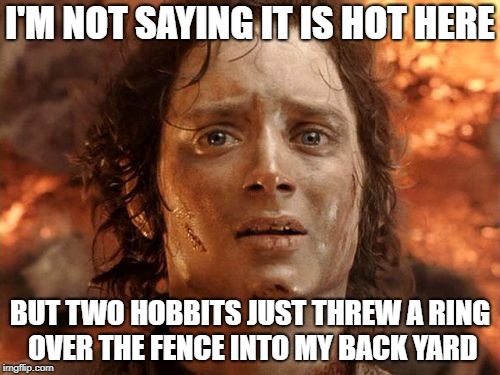 It's Finally Over | I'M NOT SAYING IT IS HOT HERE; BUT TWO HOBBITS JUST THREW A RING OVER THE FENCE INTO MY BACK YARD | image tagged in memes,its finally over | made w/ Imgflip meme maker