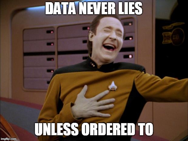 laughing Data | DATA NEVER LIES; UNLESS ORDERED TO | image tagged in laughing data | made w/ Imgflip meme maker
