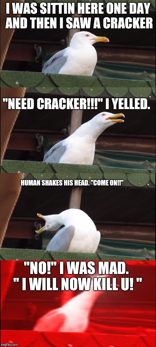 Inhaling Seagull | I WAS SITTIN HERE ONE DAY AND THEN I SAW A CRACKER; "NEED CRACKER!!!" I YELLED. HUMAN SHAKES HIS HEAD. "COME ON!!"; "NO!" I WAS MAD. " I WILL NOW KILL U! " | image tagged in memes,inhaling seagull | made w/ Imgflip meme maker