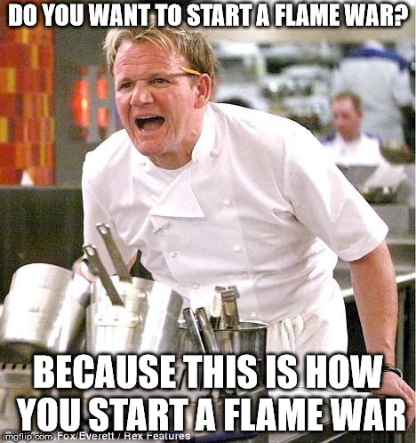 Chef Gordon Ramsay Meme | DO YOU WANT TO START A FLAME WAR? BECAUSE THIS IS HOW YOU START A FLAME WAR | image tagged in memes,chef gordon ramsay | made w/ Imgflip meme maker