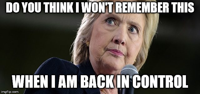 hillary angry | DO YOU THINK I WON'T REMEMBER THIS WHEN I AM BACK IN CONTROL | image tagged in hillary angry | made w/ Imgflip meme maker