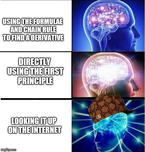 Expanding brain 3 panels | USING THE FORMULAE AND CHAIN RULE TO FIND A DERIVATIVE; DIRECTLY USING THE FIRST PRINCIPLE; LOOKING IT UP ON THE INTERNET | image tagged in expanding brain 3 panels,scumbag | made w/ Imgflip meme maker