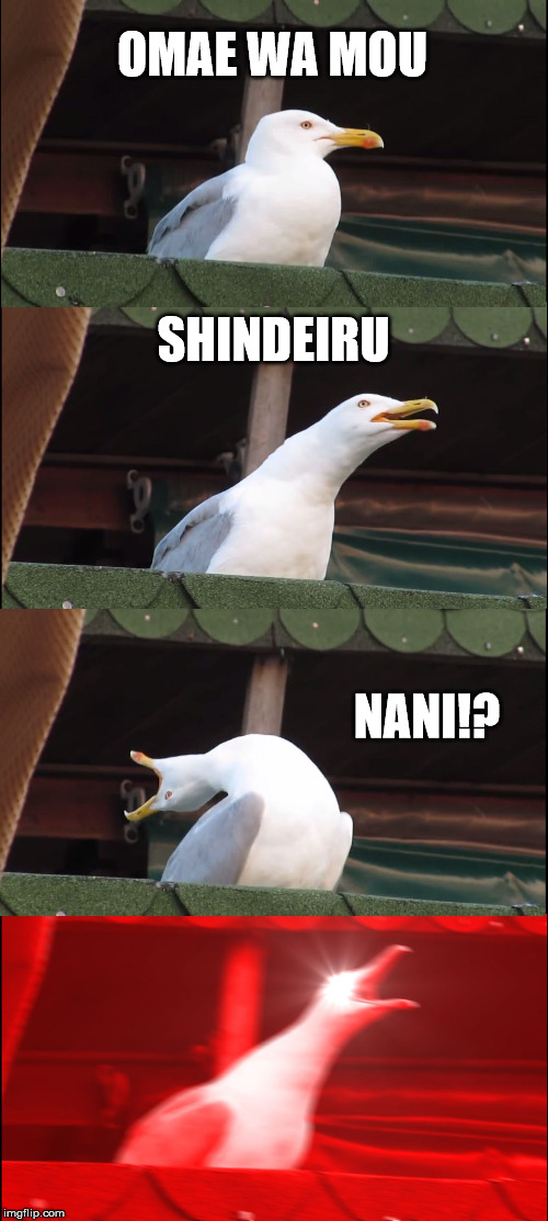 Inhaling Seagull Meme | OMAE WA MOU; SHINDEIRU; NANI!? | image tagged in memes,inhaling seagull | made w/ Imgflip meme maker