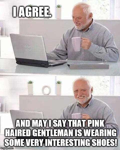 Hide the Pain Harold Meme | I AGREE. AND MAY I SAY THAT PINK HAIRED GENTLEMAN IS WEARING SOME VERY INTERESTING SHOES! | image tagged in memes,hide the pain harold | made w/ Imgflip meme maker