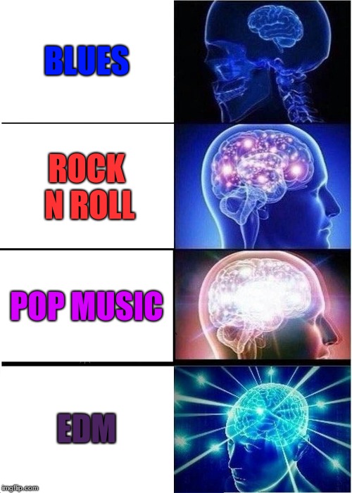 my music thoughts | BLUES; ROCK N ROLL; POP MUSIC; EDM | image tagged in memes,expanding brain,pop music,edm,blues,rock and roll | made w/ Imgflip meme maker