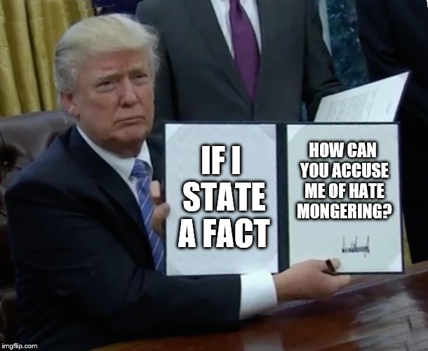 Trump Bill Signing Meme | IF I STATE A FACT; HOW CAN YOU ACCUSE ME OF HATE MONGERING? | image tagged in memes,trump bill signing | made w/ Imgflip meme maker