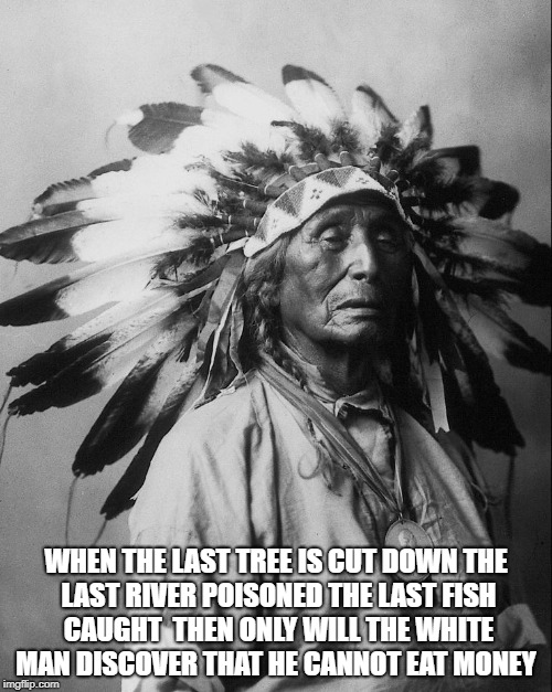 Wanduta Native Chief | WHEN THE LAST TREE IS CUT DOWN
THE LAST RIVER POISONED
THE LAST FISH CAUGHT 
THEN ONLY WILL THE WHITE MAN DISCOVER
THAT HE CANNOT EAT MONEY | image tagged in native american,native americans,tribe,chief,head dress | made w/ Imgflip meme maker