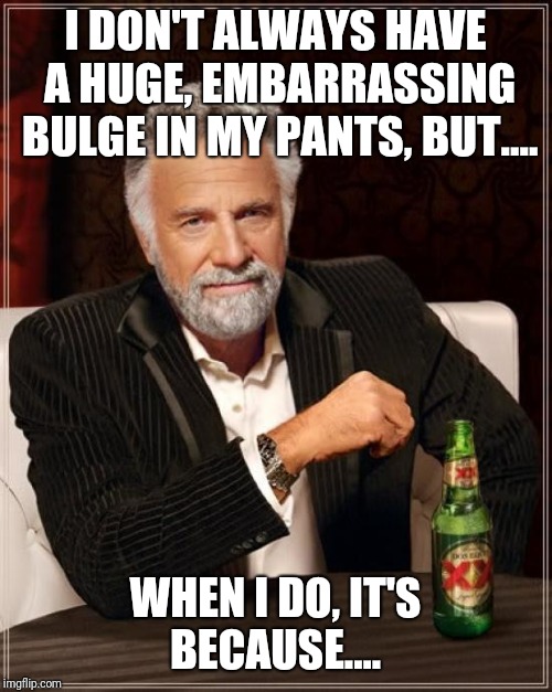 To be completed.... | I DON'T ALWAYS HAVE A HUGE, EMBARRASSING BULGE IN MY PANTS, BUT.... WHEN I DO, IT'S BECAUSE.... | image tagged in memes,the most interesting man in the world,question,good question | made w/ Imgflip meme maker