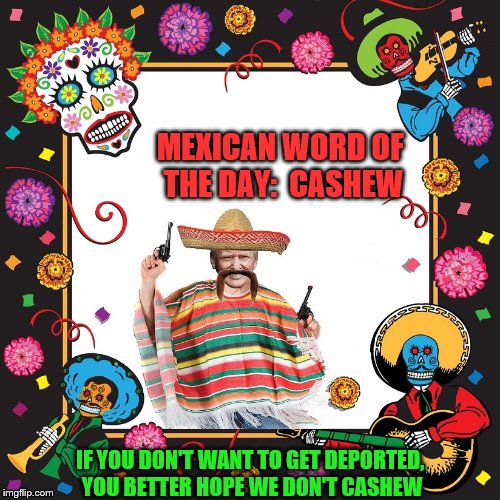 Trumps Mexican Words | MEXICAN WORD OF THE DAY:  CASHEW; IF YOU DON'T WANT TO GET DEPORTED, YOU BETTER HOPE WE DON'T CASHEW | image tagged in trump,mexican word of the day,deportation | made w/ Imgflip meme maker
