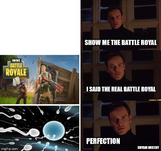 perfection | SHOW ME THE BATTLE ROYAL; I SAID THE REAL BATTLE ROYAL; PERFECTION; SHYAM MISTRY | image tagged in perfection | made w/ Imgflip meme maker