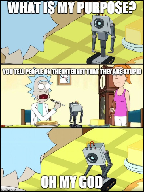 Rick and Morty Butter | WHAT IS MY PURPOSE? OH MY GOD YOU TELL PEOPLE ON THE INTERNET THAT THEY ARE STUPID | image tagged in rick and morty butter | made w/ Imgflip meme maker