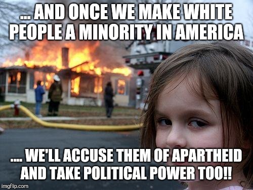 Disaster Girl Meme | ... AND ONCE WE MAKE WHITE PEOPLE A MINORITY IN AMERICA; .... WE'LL ACCUSE THEM OF APARTHEID AND TAKE POLITICAL POWER TOO!! | image tagged in memes,disaster girl | made w/ Imgflip meme maker