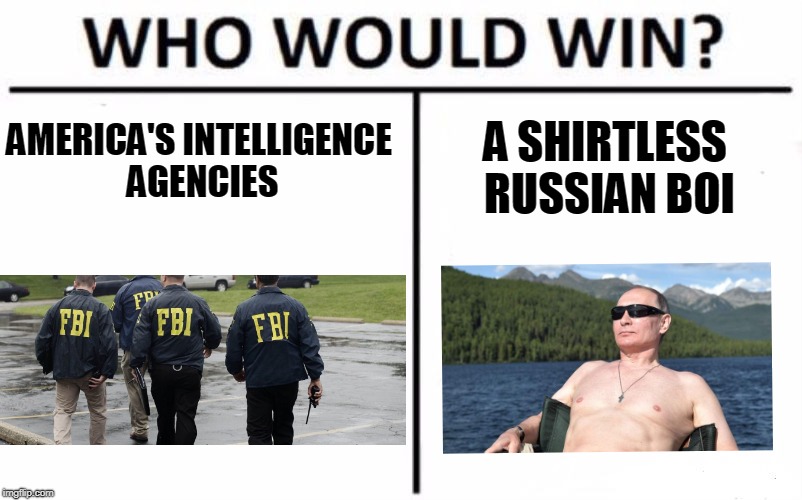 Trump version of Who Would WIn | AMERICA'S INTELLIGENCE AGENCIES; A SHIRTLESS RUSSIAN BOI | image tagged in memes,who would win | made w/ Imgflip meme maker