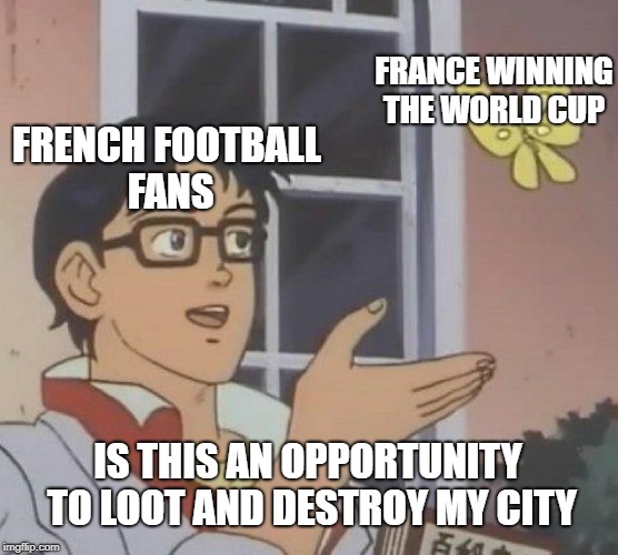 what would had happened if they had lost the final? | FRANCE WINNING THE WORLD CUP; FRENCH FOOTBALL FANS; IS THIS AN OPPORTUNITY TO LOOT AND DESTROY MY CITY | image tagged in memes,is this a pigeon,france,world cup,riots | made w/ Imgflip meme maker