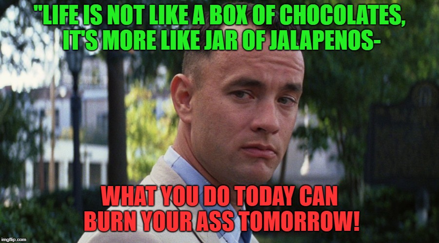 So hot - too hot | "LIFE IS NOT LIKE A BOX OF CHOCOLATES, IT'S MORE LIKE JAR OF JALAPENOS-; WHAT YOU DO TODAY CAN BURN YOUR ASS TOMORROW! | image tagged in gump,burning,rings,fire,memes,funny | made w/ Imgflip meme maker