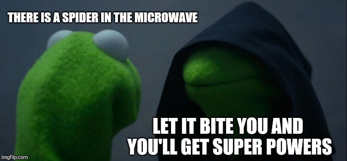 Evil Kermit Meme | THERE IS A SPIDER IN THE MICROWAVE LET IT BITE YOU AND YOU'LL GET SUPER POWERS | image tagged in memes,evil kermit | made w/ Imgflip meme maker