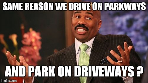 Steve Harvey Meme | SAME REASON WE DRIVE ON PARKWAYS AND PARK ON DRIVEWAYS ? | image tagged in memes,steve harvey | made w/ Imgflip meme maker