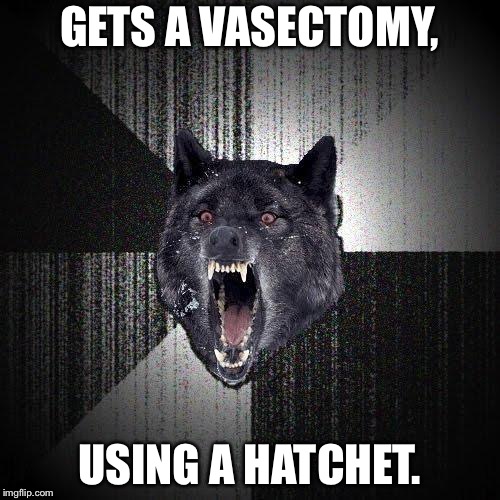 Operation Hatchet | GETS A VASECTOMY, USING A HATCHET. | image tagged in memes,insanity wolf,hatchet,cut,crazy,balls | made w/ Imgflip meme maker