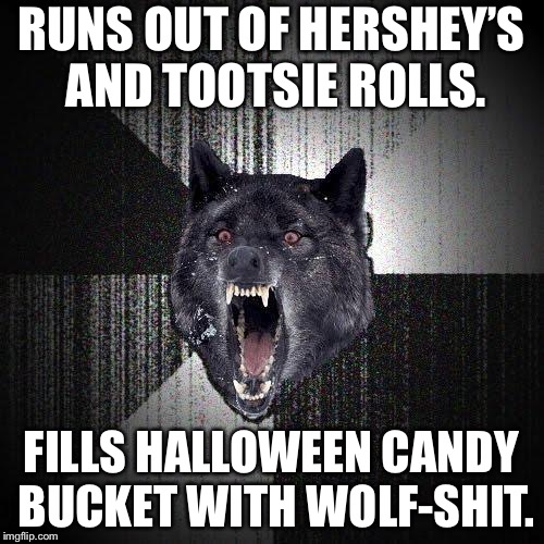Trick or treat ha ha ha | RUNS OUT OF HERSHEY’S AND TOOTSIE ROLLS. FILLS HALLOWEEN CANDY BUCKET WITH WOLF-SHIT. | image tagged in memes,insanity wolf,trick or treat,wolf,chocolate,halloween | made w/ Imgflip meme maker