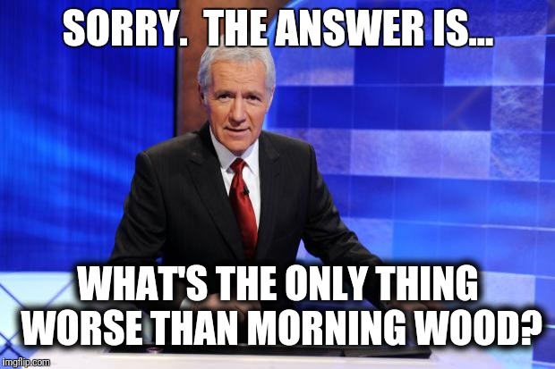 Alex Trebek | SORRY.  THE ANSWER IS... WHAT'S THE ONLY THING WORSE THAN MORNING WOOD? | image tagged in alex trebek | made w/ Imgflip meme maker