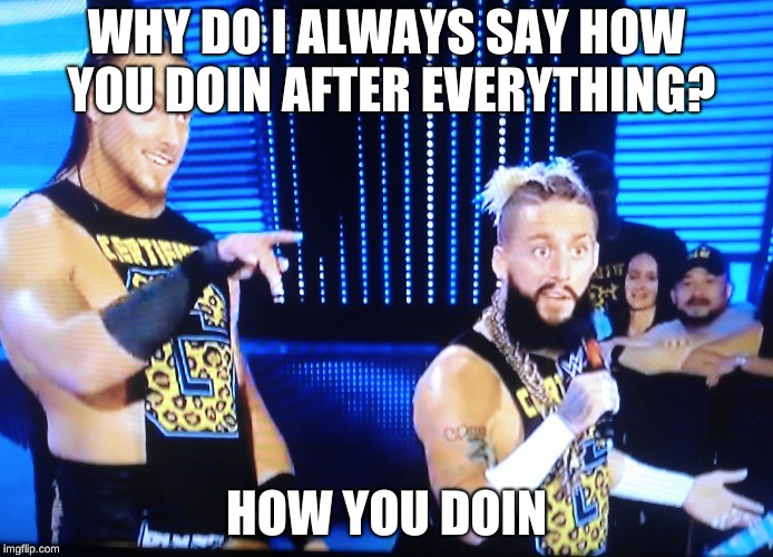 enzo and big cass | WHY DO I ALWAYS SAY HOW YOU DOIN AFTER EVERYTHING? HOW YOU DOIN | image tagged in enzo and big cass | made w/ Imgflip meme maker