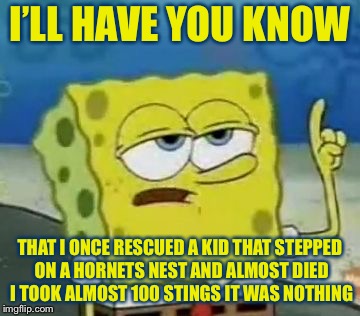 I’LL HAVE YOU KNOW THAT I ONCE RESCUED A KID THAT STEPPED ON A HORNETS NEST AND ALMOST DIED I TOOK ALMOST 100 STINGS IT WAS NOTHING | made w/ Imgflip meme maker