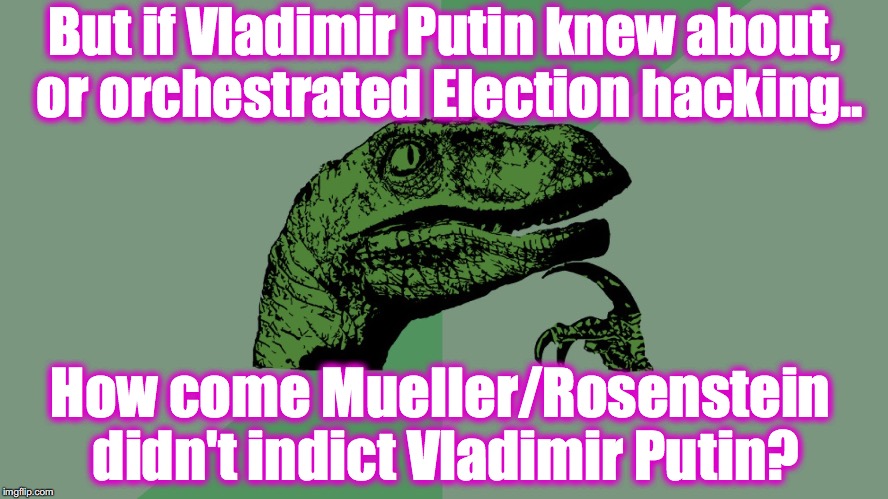 Philosophy Dinosaur | But if Vladimir Putin knew about, or orchestrated Election hacking.. How come Mueller/Rosenstein didn't indict Vladimir Putin? | image tagged in philosophy dinosaur | made w/ Imgflip meme maker