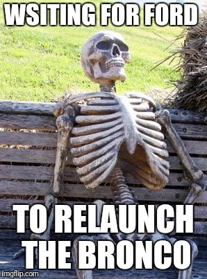 Waiting Skeleton | WSITING FOR FORD; TO RELAUNCH THE BRONCO | image tagged in memes,waiting skeleton | made w/ Imgflip meme maker