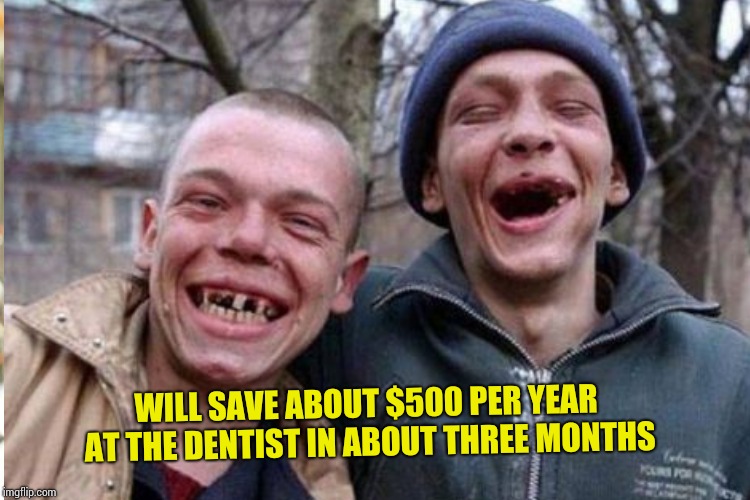 WILL SAVE ABOUT $500 PER YEAR AT THE DENTIST IN ABOUT THREE MONTHS | made w/ Imgflip meme maker