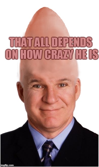 Steve Conehead Martin | THAT ALL DEPENDS ON HOW CRAZY HE IS | image tagged in steve conehead martin | made w/ Imgflip meme maker