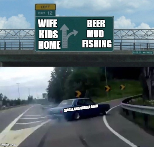 Left Exit 12 Off Ramp | BEER MUD   FISHING; WIFE      KIDS       HOME; SINGLE AND MIDDLE AGED | image tagged in memes,left exit 12 off ramp | made w/ Imgflip meme maker