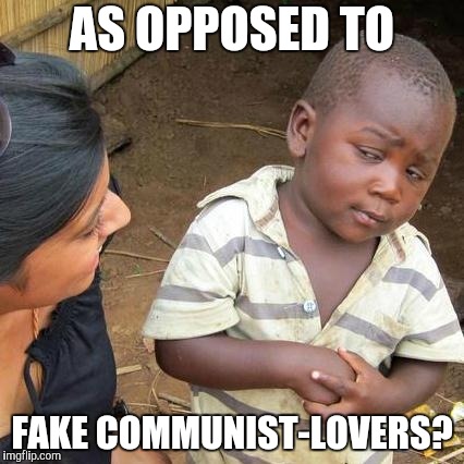 Third World Skeptical Kid Meme | AS OPPOSED TO FAKE COMMUNIST-LOVERS? | image tagged in memes,third world skeptical kid | made w/ Imgflip meme maker