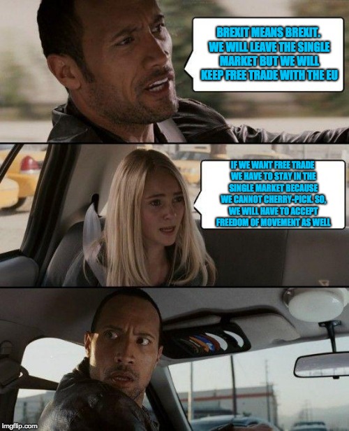 The Rock Driving | BREXIT MEANS BREXIT. WE WILL LEAVE THE SINGLE MARKET BUT WE WILL KEEP FREE TRADE WITH THE EU; IF WE WANT FREE TRADE WE HAVE TO STAY IN THE SINGLE MARKET BECAUSE WE CANNOT CHERRY-PICK. SO, WE WILL HAVE TO ACCEPT FREEDOM OF MOVEMENT AS WELL | image tagged in memes,the rock driving | made w/ Imgflip meme maker