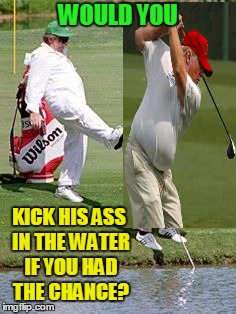 I Would!  | WOULD YOU; KICK HIS ASS IN THE WATER IF YOU HAD THE CHANCE? | image tagged in caddie kick,donald trump,golf | made w/ Imgflip meme maker