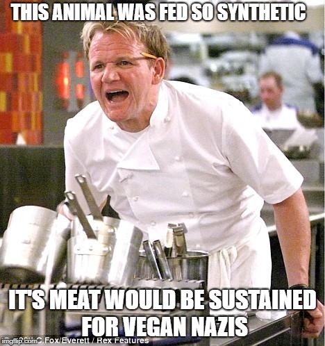 Chef Gordon Ramsay Meme | THIS ANIMAL WAS FED SO SYNTHETIC; IT'S MEAT WOULD BE SUSTAINED FOR VEGAN NAZIS | image tagged in memes,chef gordon ramsay | made w/ Imgflip meme maker