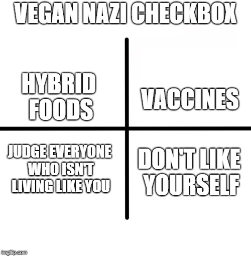 Blank Starter Pack Meme | VEGAN NAZI CHECKBOX; HYBRID FOODS; VACCINES; JUDGE EVERYONE WHO ISN'T LIVING LIKE YOU; DON'T LIKE YOURSELF | image tagged in memes,blank starter pack | made w/ Imgflip meme maker